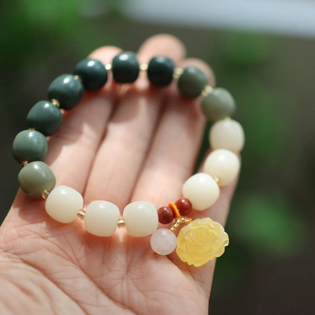 Gradient white jade bodhi bracelet with beeswax lotus pendant, 10mm flower beads