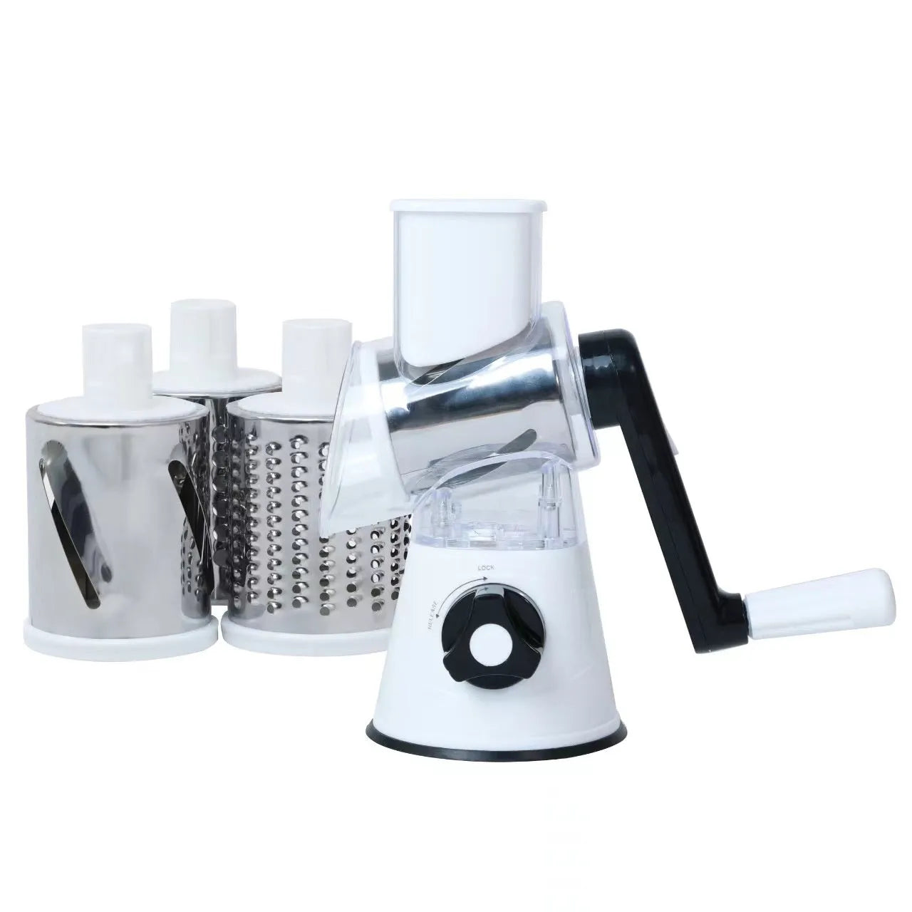 Blue multi-purpose vegetable chopper and food processor with suction cup base on a kitchen counter.