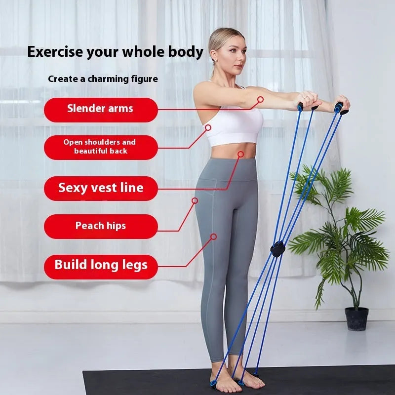 Blue eight-character shoulder puller with TPR resistance bands and cross tension device for female fitness training