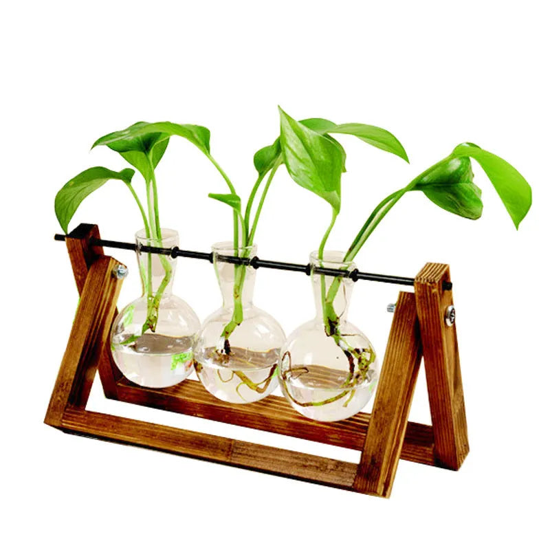 Swing wooden stand hydroponic plant container with borosilicate glass vase in geometric pastoral design