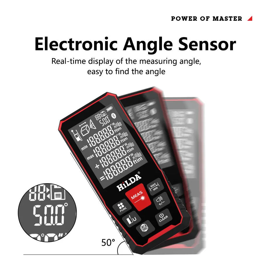 Handheld laser rangefinder for measuring building and room distances up to 120 metres.