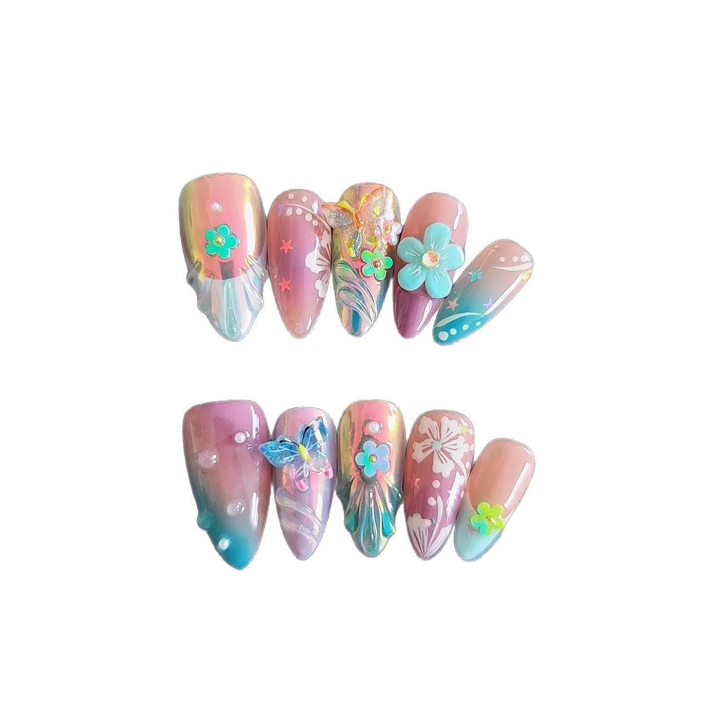Handmade manicure sculptures showing embossed floral and butterfly patterns in four sizes (XS, S, M, L) for nail art