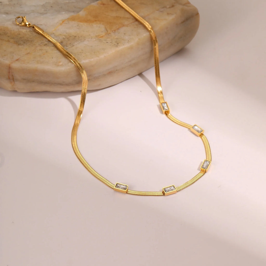 Geometric square zircon pendant necklace on flat snake chain in gold or steel colour