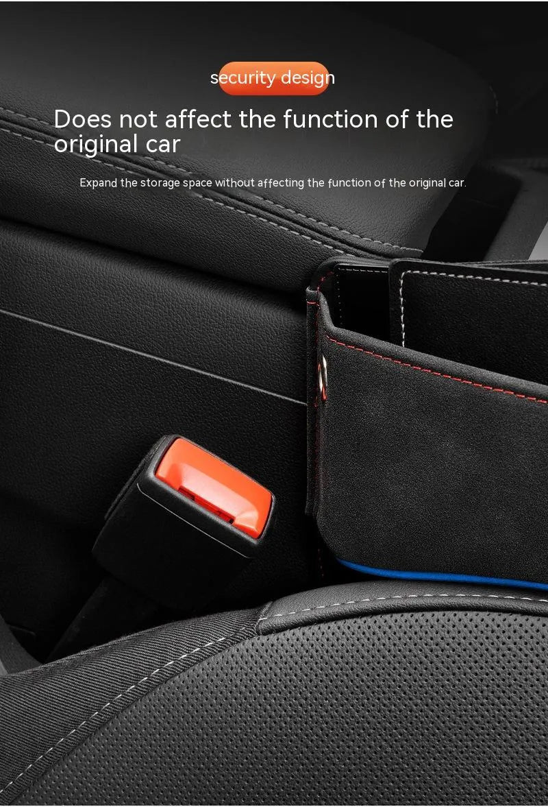 Leather car seat storage box in beige suede colour between vehicle seats