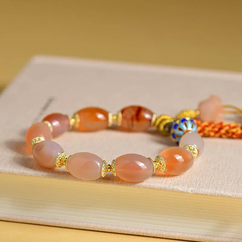 Handmade agate Tibetan bracelet with geometric flower patterns and lily elements in vintage ethnic style
