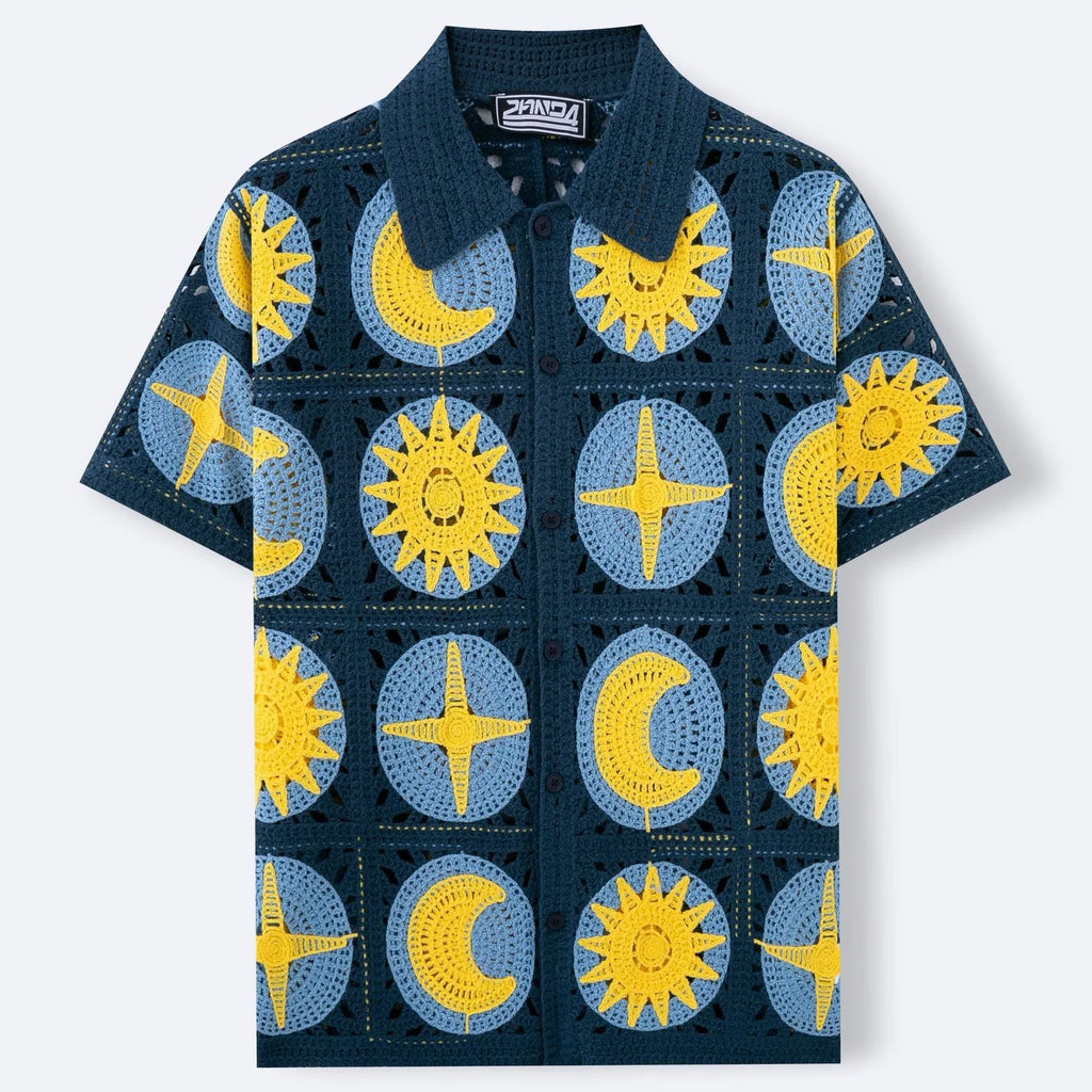 Navy blue men's short-sleeved cardigan with a cartoon flocking pattern, shown laid flat.