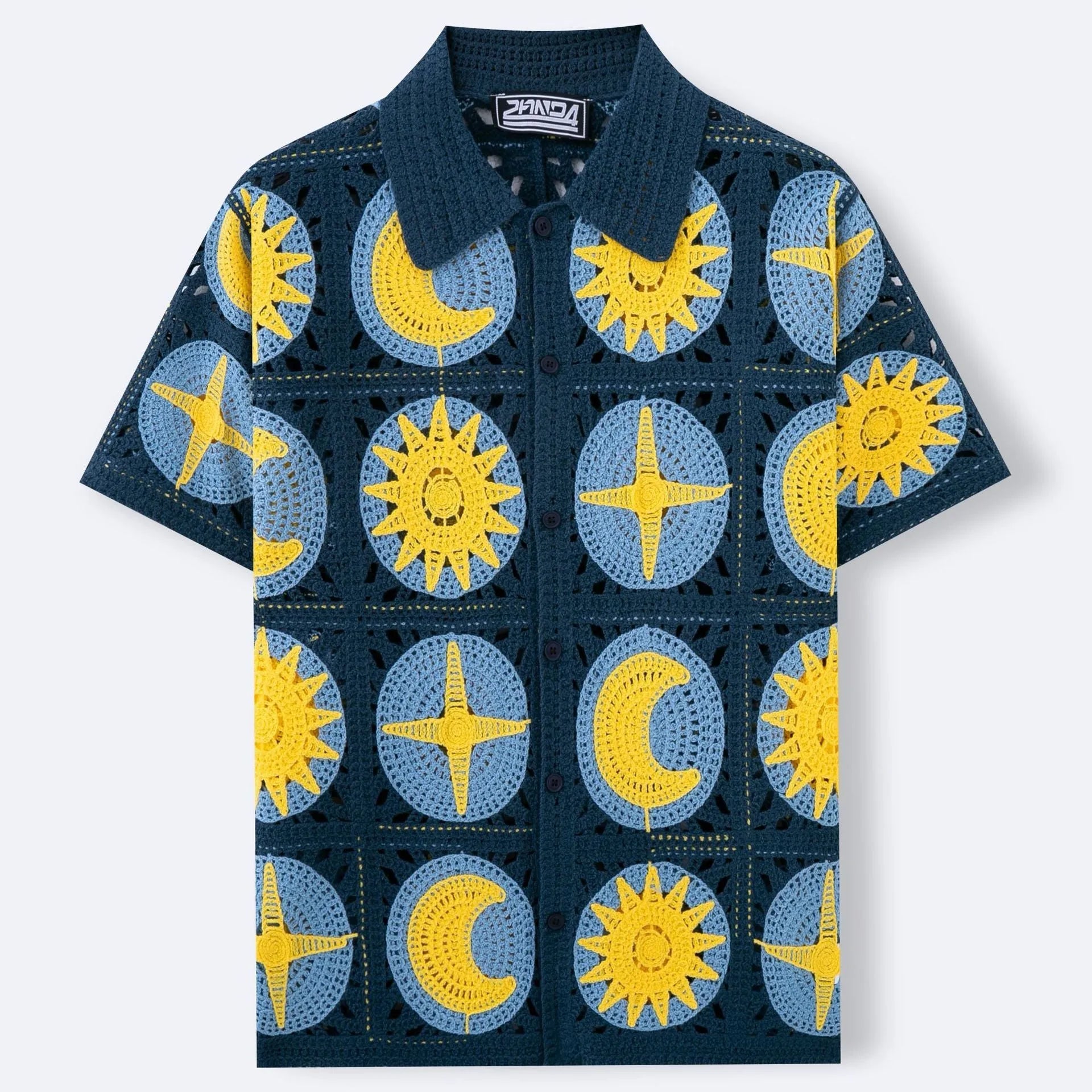 Navy blue men's short-sleeved cardigan with a cartoon flocking pattern, shown laid flat.