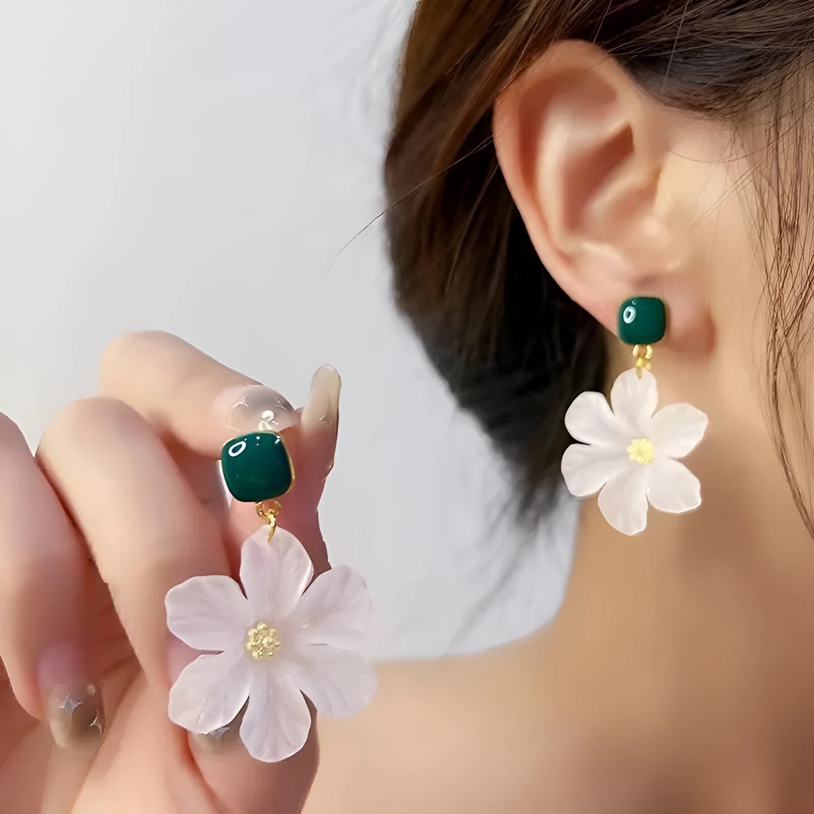 Dark green alloy drop earrings with a detailed sterling silver needle flowers sweet design.