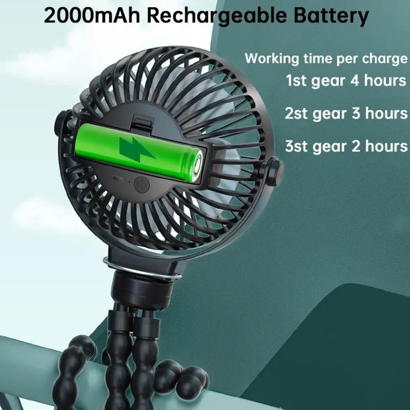 Black flexible tripod clip fan showing wrapped legs and 360° rotating head