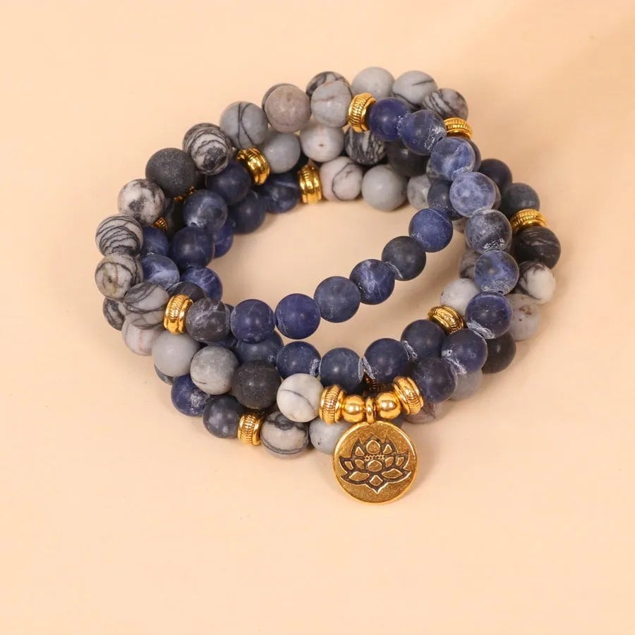 Multi layer bracelet with blue patterned network stone beads in fresh and sweet natural style