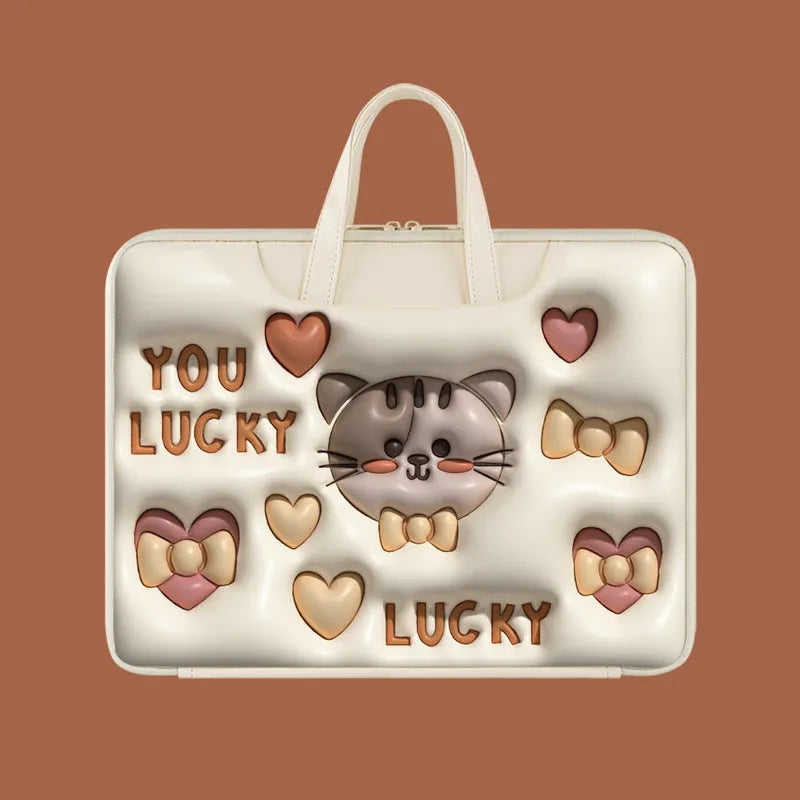 Inflatable laptop bag with hanging loop in PU leather showing cat beige design