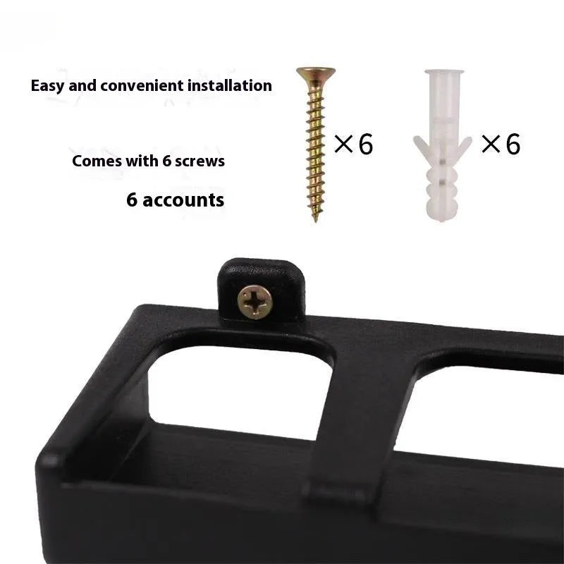 Black ABS plastic wall-mounted fishing rod storage rack showing horizontal and upright mounting options
