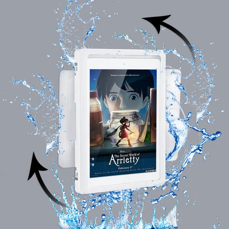 White waterproof bathroom phone holder mounted on tile with phone visible through anti-fog window
