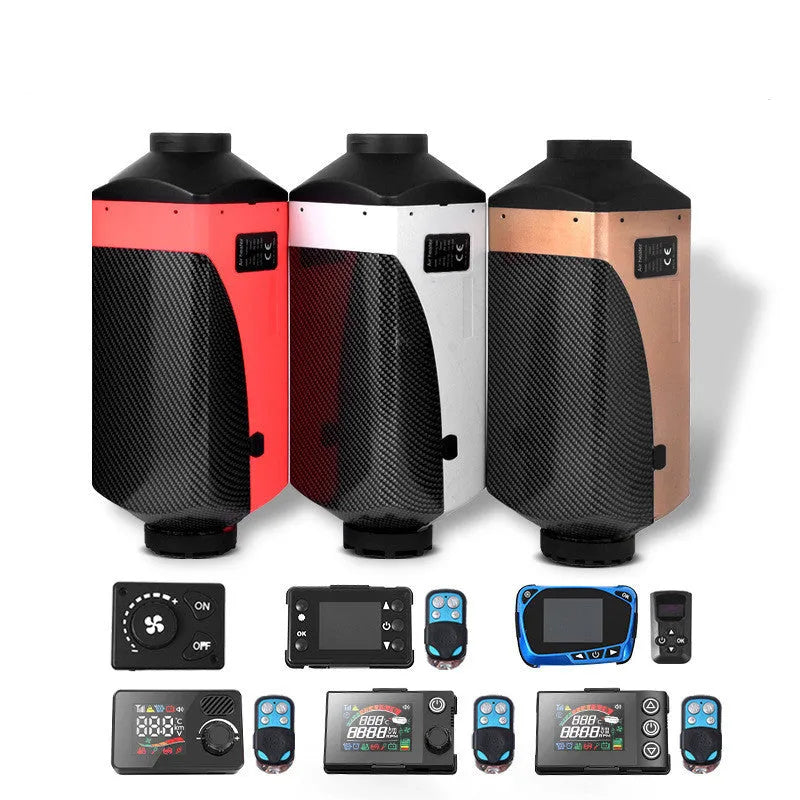 Red and black diesel air heater with metal exhaust pipe, oil pump, and 10L tank for vehicle heating
