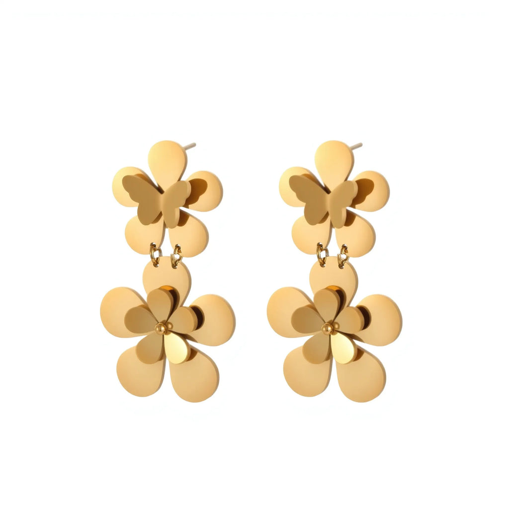 Gold-coloured stainless steel women's earrings with butterfly and flower geometric design