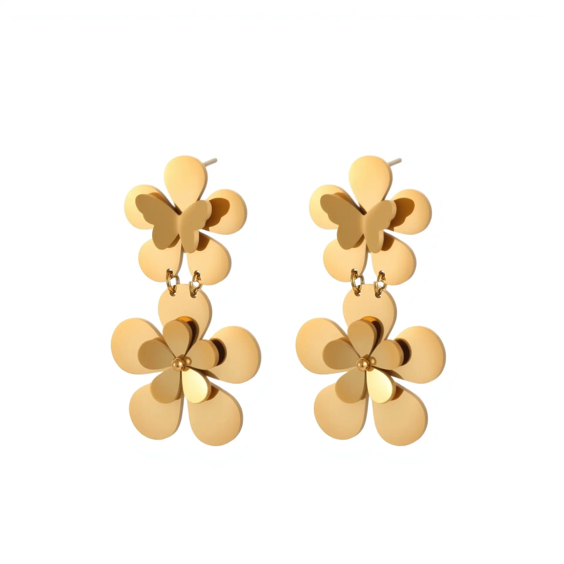 Gold-coloured stainless steel women's earrings with butterfly and flower geometric design