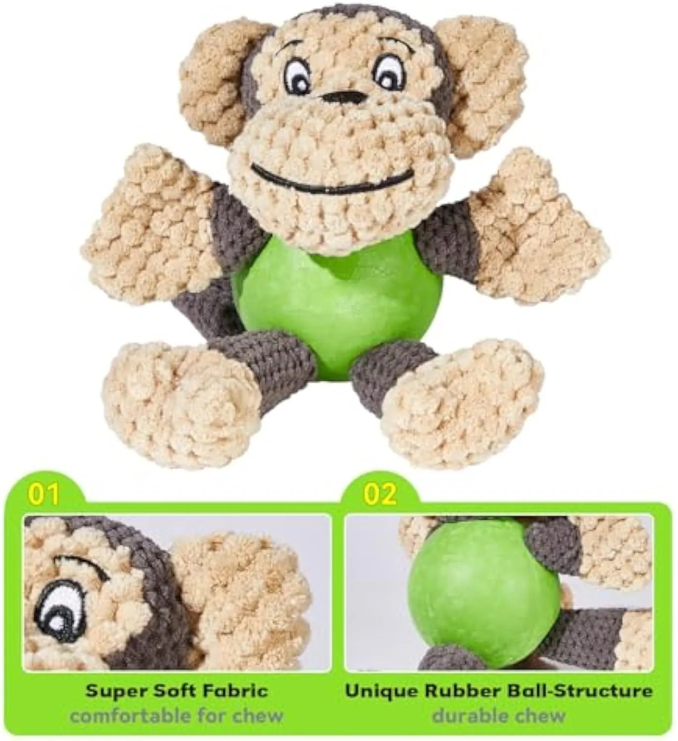 Red and tan plush monkey dog toy with squeaker, shown with a small dog.