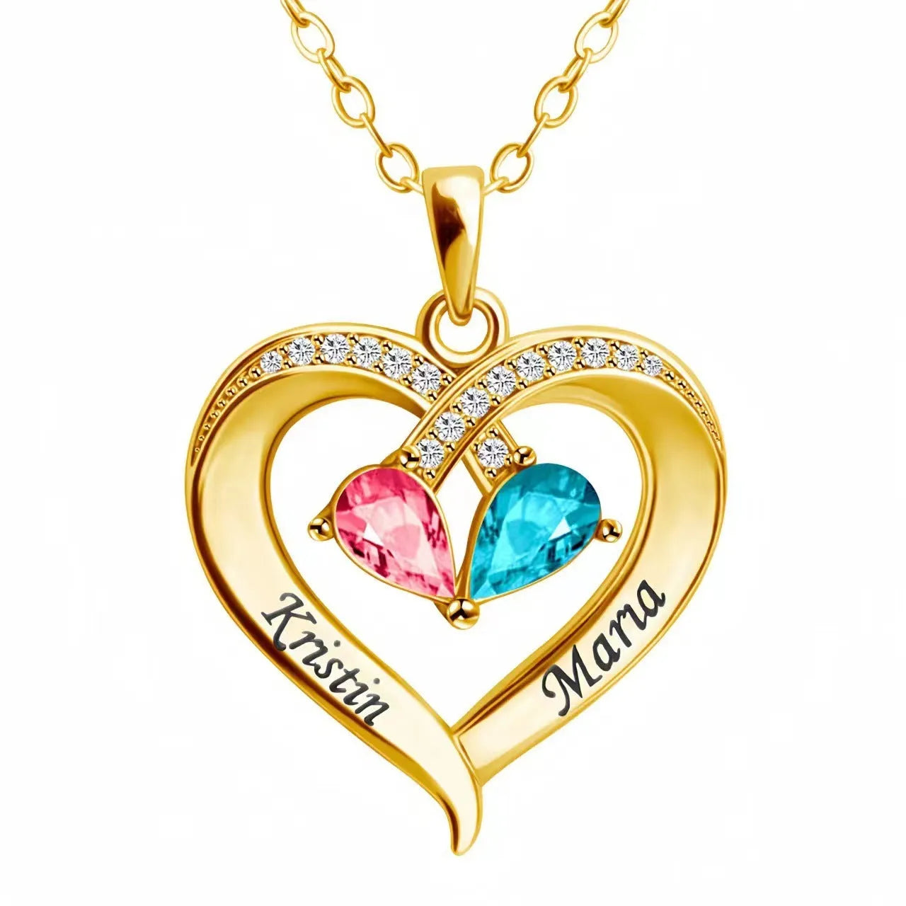 Two-colour water drop heart shape pendant necklace with diamond and birthstone on a gold chain.