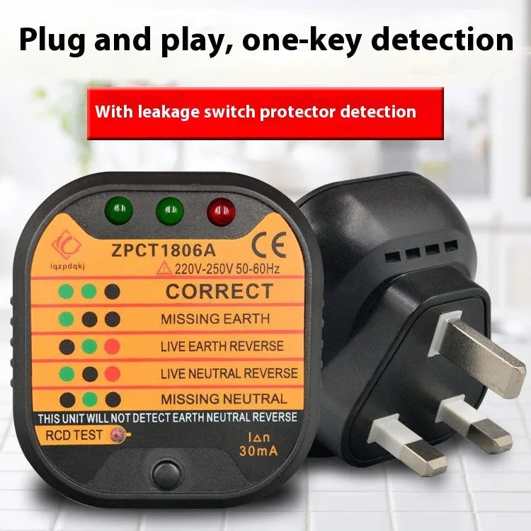 Black UK electrical socket tester showing LED indicators for ground and polarity detection