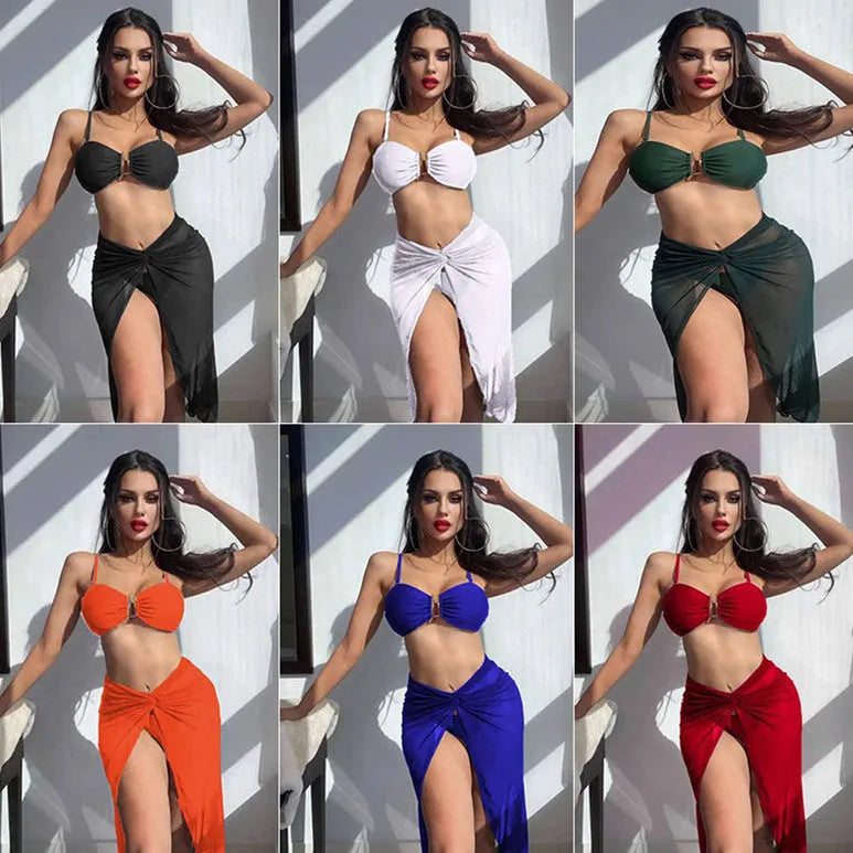 Women's three-piece bikini set with long culottes in French style, showing bra, panties, and skirt in solid colour