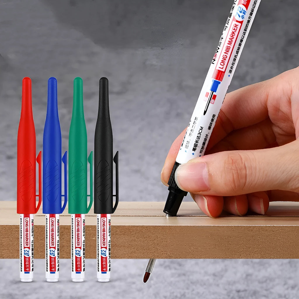Quick-drying oil pen for woodworking in black, red, blue, and green, showing 15.2cm length.