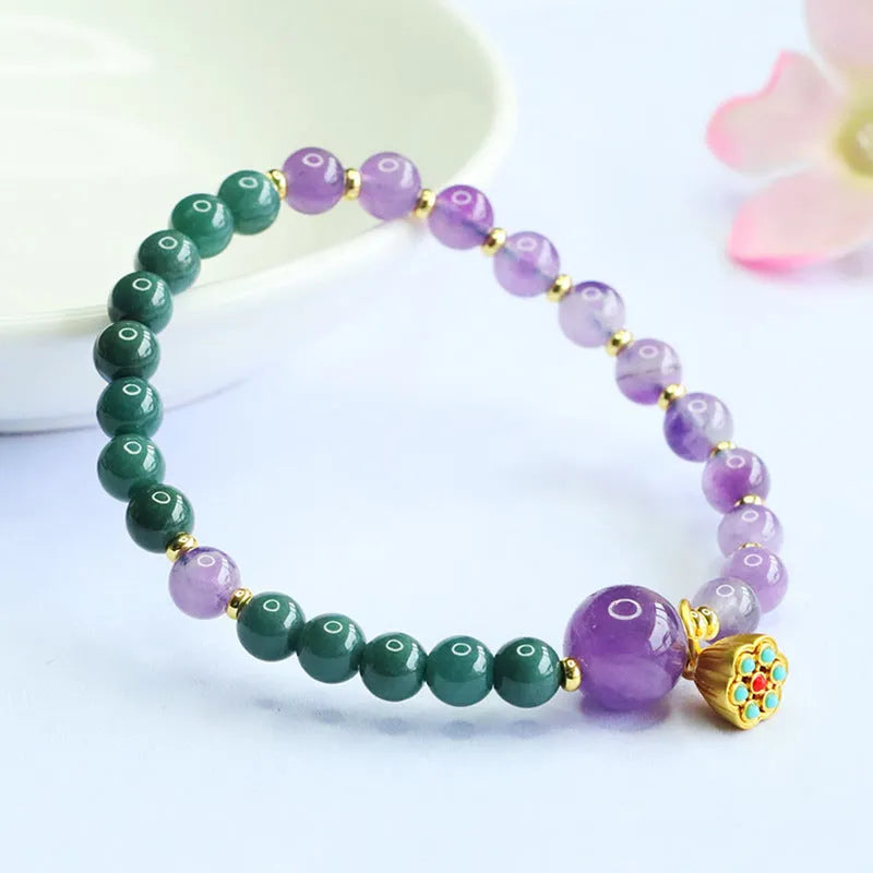 Hand-woven blue water jade and amethyst beaded bracelet, 6-10mm beads, Emerald Crystal style