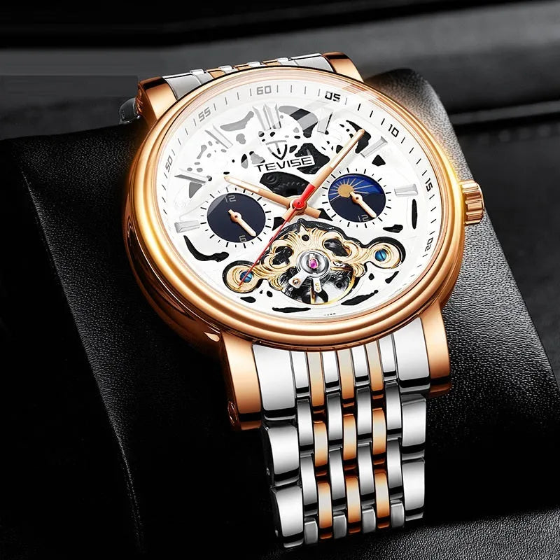 Fashion Tourbillon Waterproof Luminous Mechanical Watch in T867-Rose Black with 16.5mm thickness and luminous hands