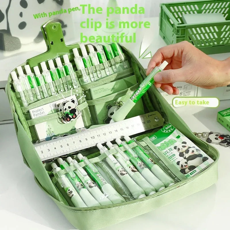 Green 12 layer panda pencil case with Korean style design and canvas construction