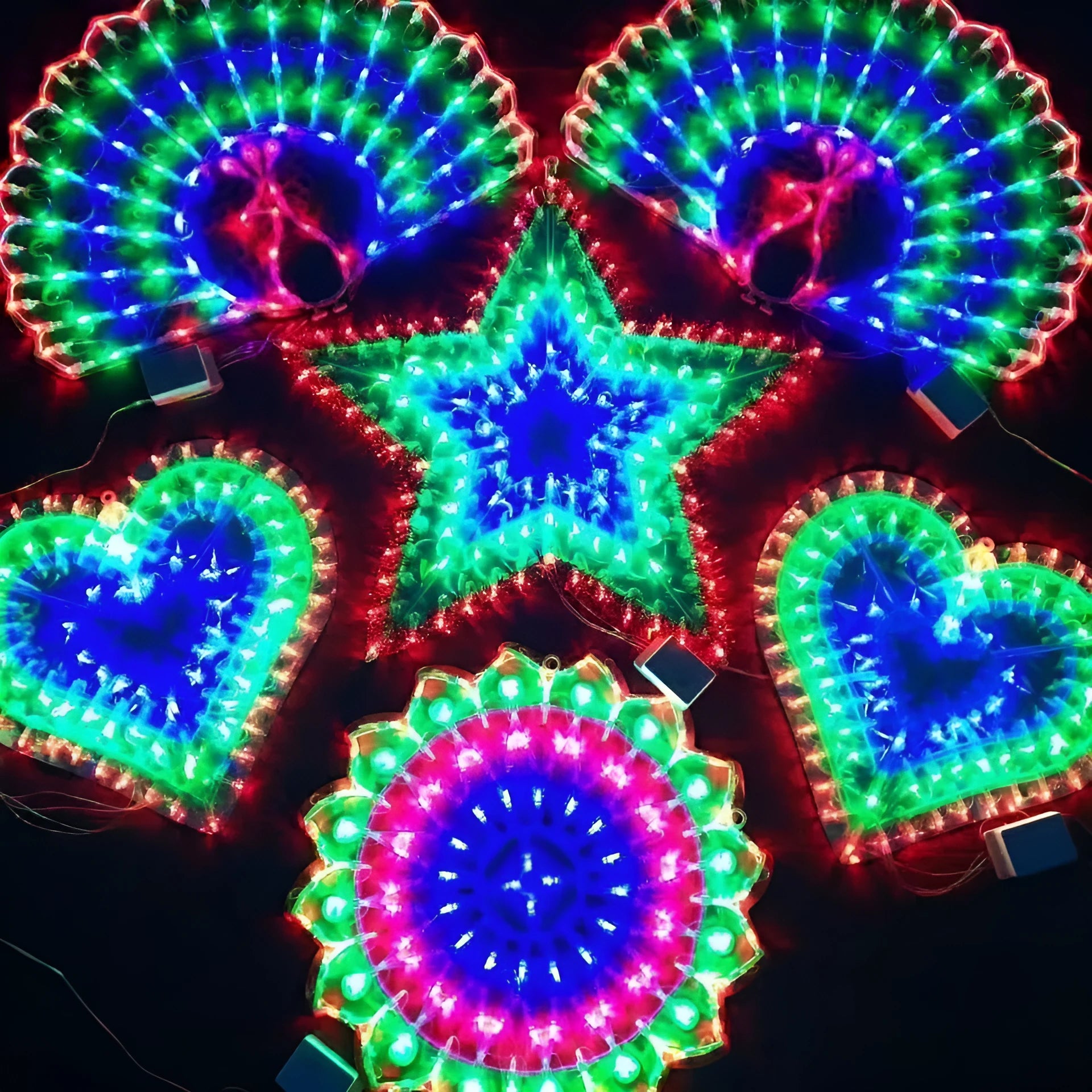 Plug-in Christmas festival outdoor string lights with colourful themed bulb designs including peacock, love heart, sunflower and star shapes