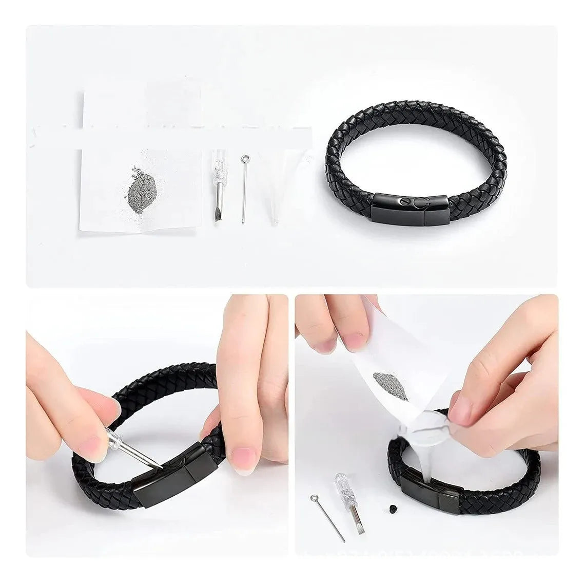 Black woven stainless steel and leather cinerary casket bracelet with engraved text.