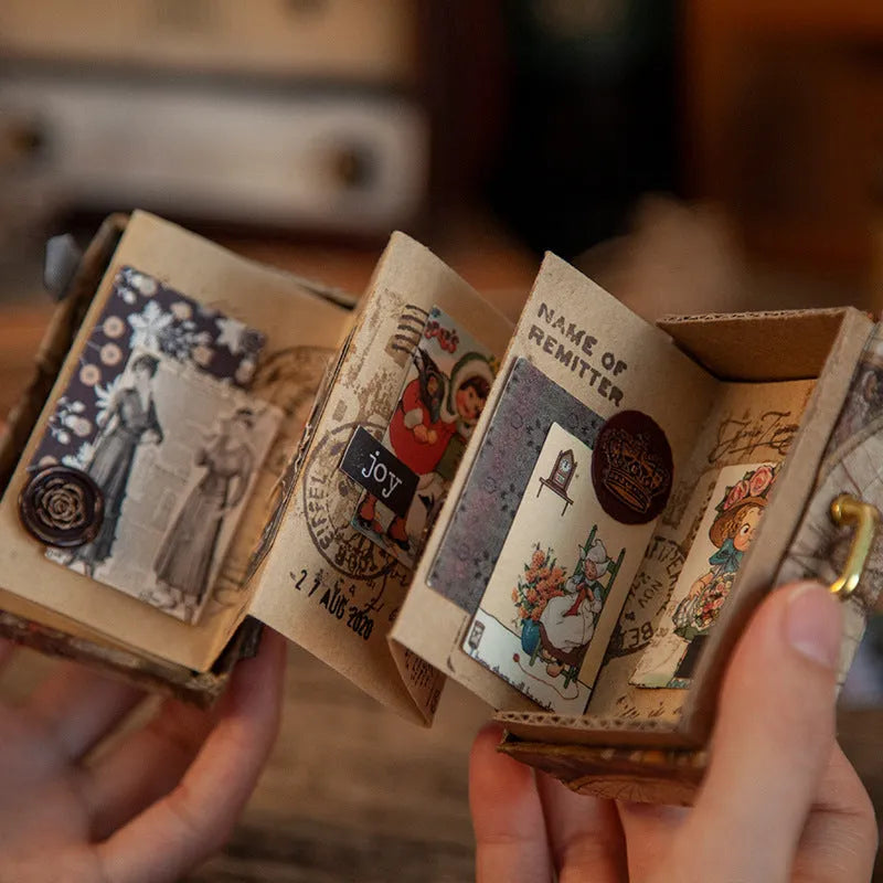 A pack of 100 double-sided retro mini note cards in seven vintage colours including antique paper and forest movie.