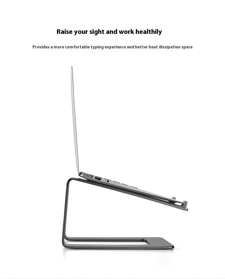 Aluminium alloy laptop stand in black or silver on a desk, showing its raised platform design.