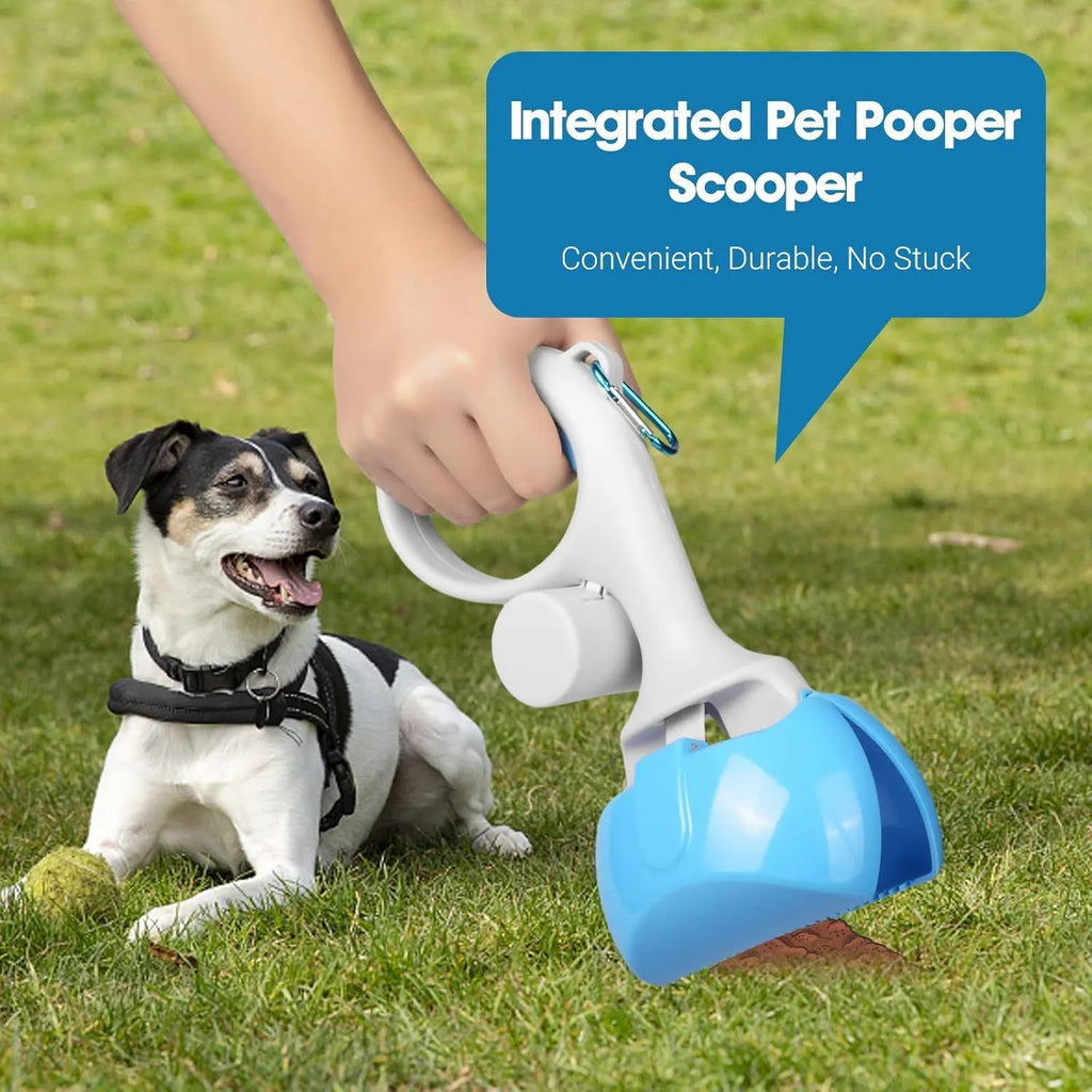 Black pet pooper scooper with integrated trash bag holder, heavy-duty ABS plastic, measures 24cm