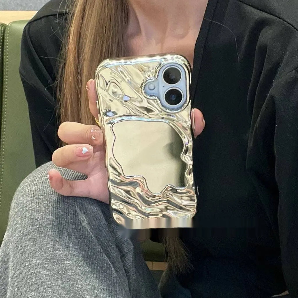 Simple water ripple texture phone case with a mirror, shown in beige, for iPhone protection.