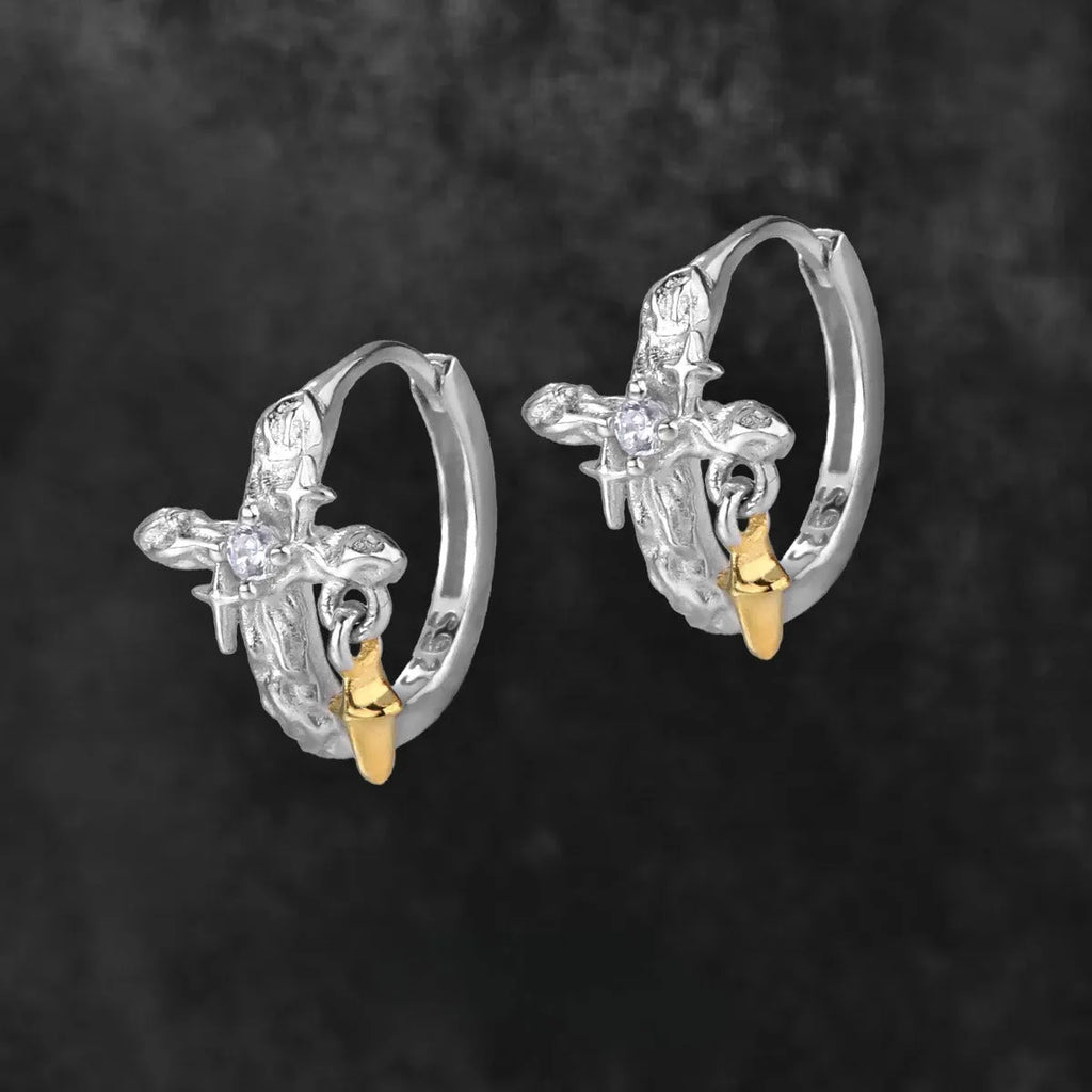 XINGX geometric cross earrings with 1.5cm round element in electroplated white gold colour on 925 silver