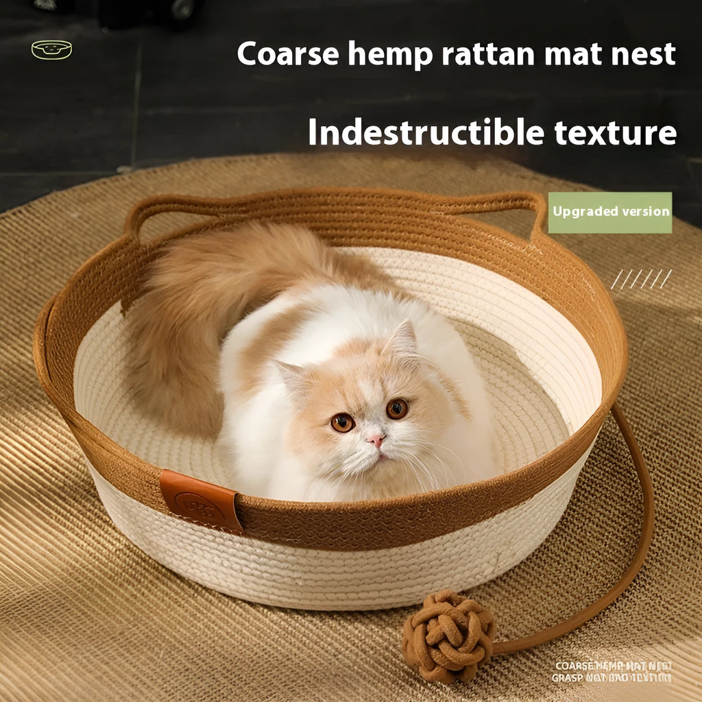 A grey cloth cat nest with cotton string stitching, shown alongside a matching grey cushion mat.