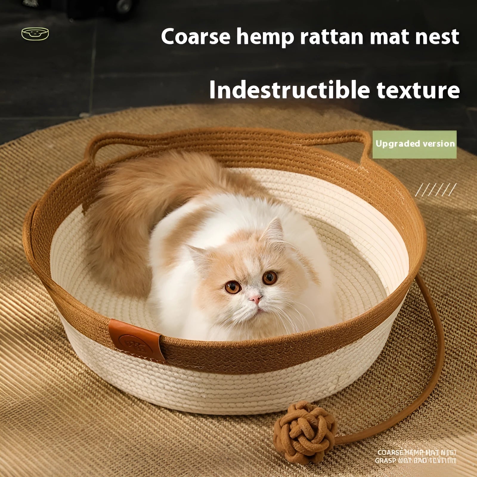 A grey cloth cat nest with cotton string stitching, shown alongside a matching grey cushion mat.