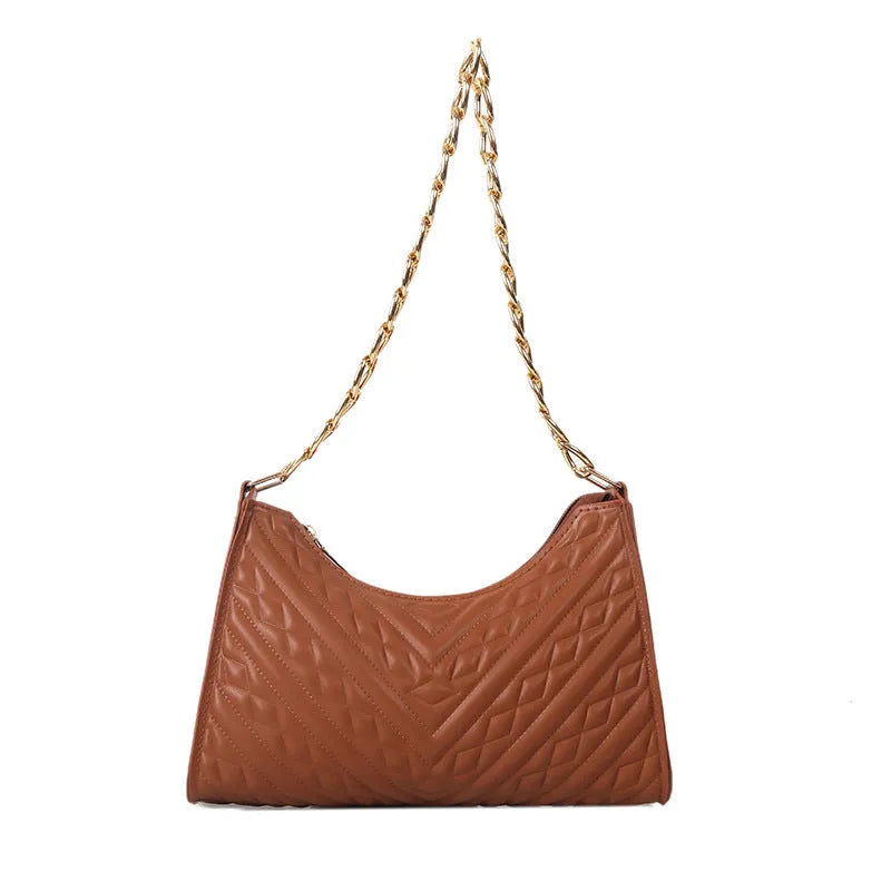 Brown pleated chain baguette shoulder bag with adjustable strap and soft carry handle showing three-dimensional pocket design