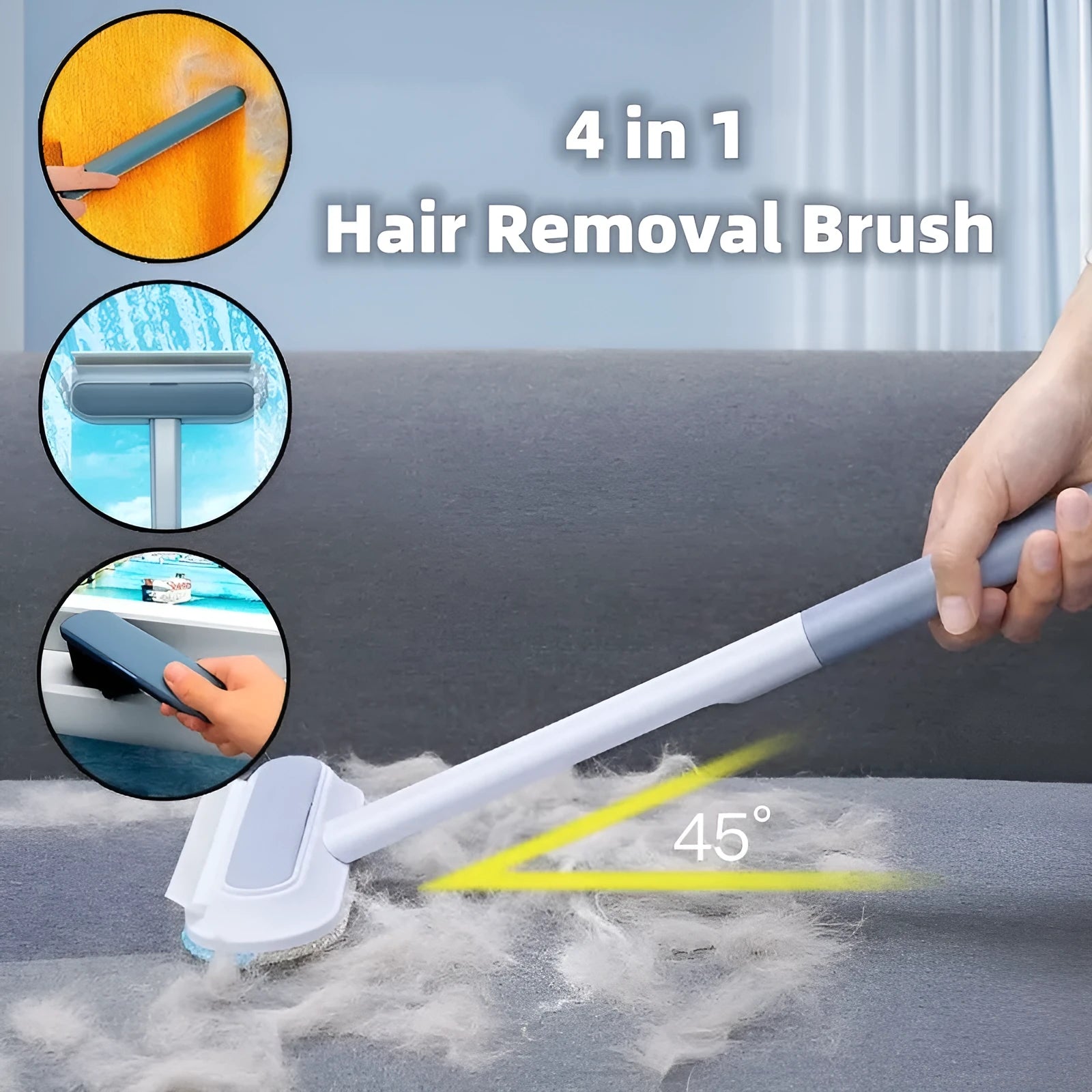 Multifunctional hair removal brush with flannel head and extension handle for cleaning pet hair, lint, and window screens.