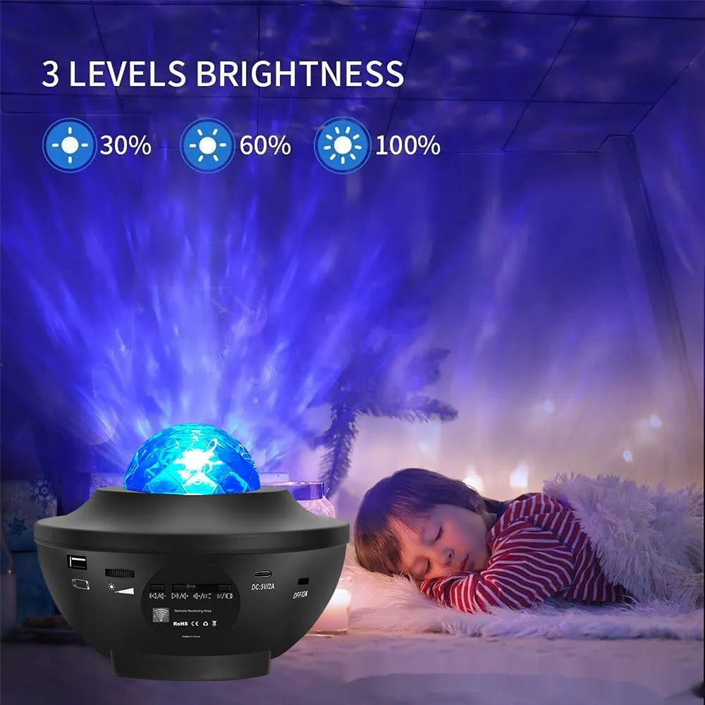 Small black starry sky projection lamp on desktop with rotating water ripple laser effects and remote control