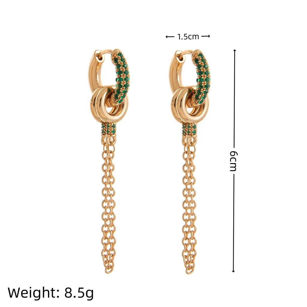 Pair of zircon ear studs with chain, electroplated copper, green or steel zircon, unisex two-way earrings