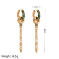 Pair of zircon ear studs with chain, electroplated copper, green or steel zircon, unisex two-way earrings
