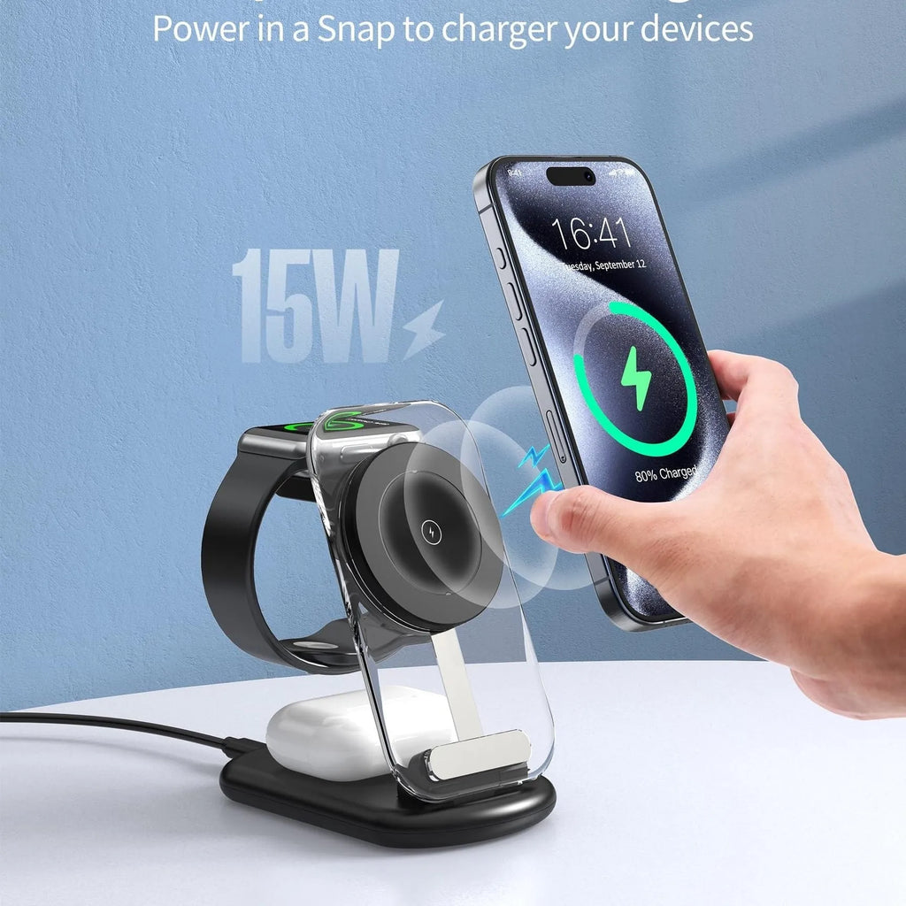 Transparent folding wireless charger with magnetic alignment charging three devices