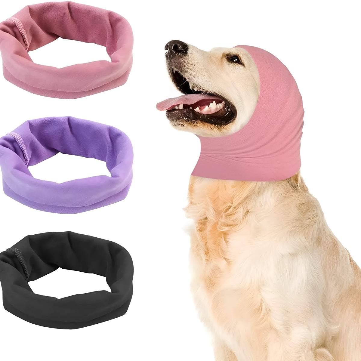 Cotton pet ear muffs in pink, black or purple with elastic scarf band, sizes S M L for dogs and cats