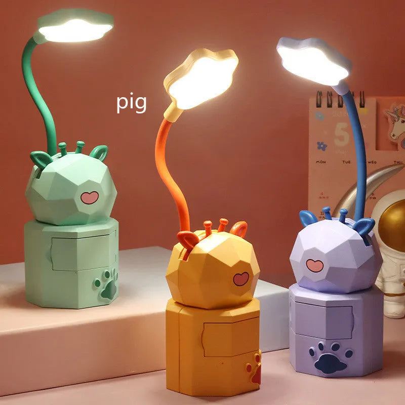Cute animal USB LED desk lamp with phone holder and storage, ABS shade, 6x6x25.5cm, toggle switch