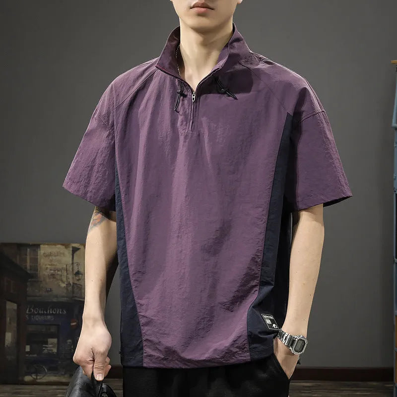 Men's business shirt casual T-shirt in brown or purple with half-zipped stand collar and short sleeves for summer.