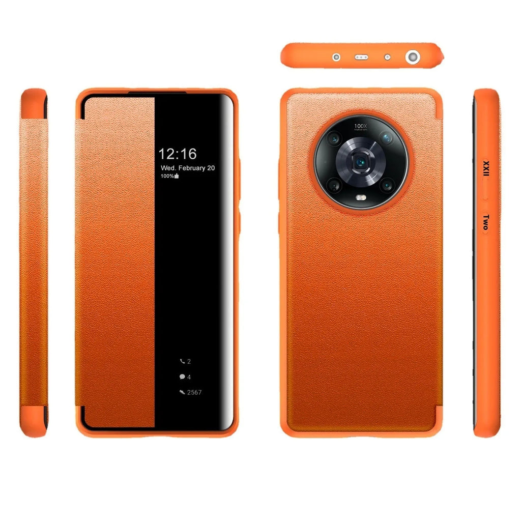 Huawei flip phone case in purple, orange, or black with imitation leather finish and smart sleep window