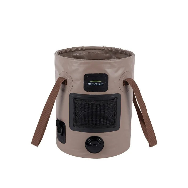 Folding fishing bucket with mesh pocket in lemon yellow colour showing 25-litre capacity and collapsed storage position