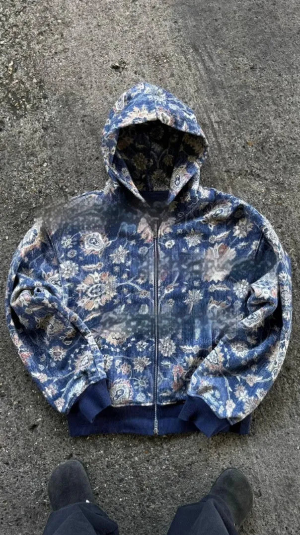 Men's loose hooded zip coat in digital print polyester fabric for casual autumn wear