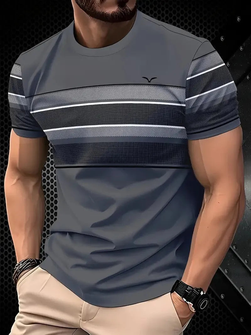 Men's loose-fitting casual T-shirt in polyester with short sleeves, shown in multiple colours